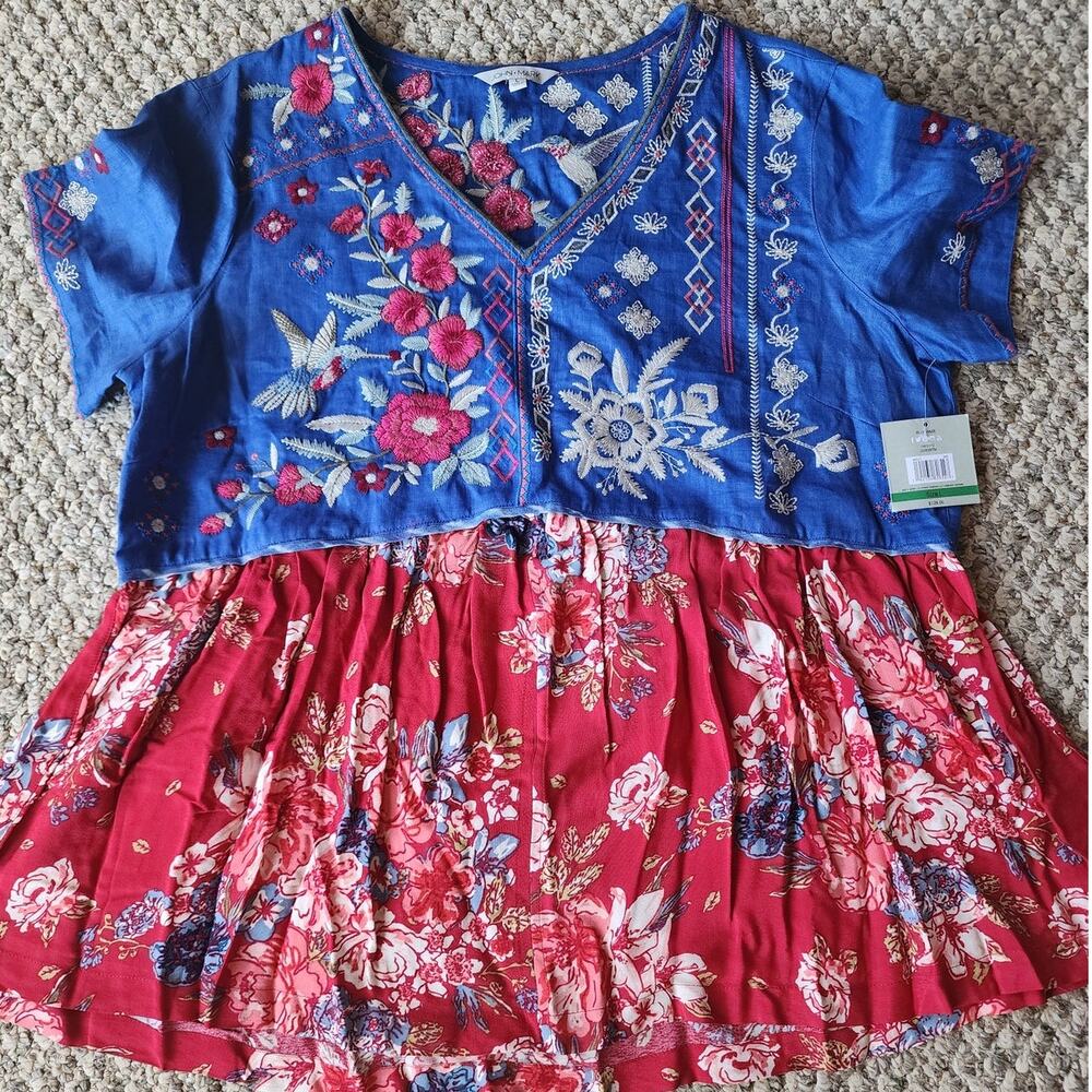 John Mark Women's Large Blue Embroidered Floral Multicolor Short Sleeve Blouse
